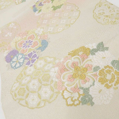六花-RIKKA- 美品 正絹 雪輪花華文 刺繍 ふんわり花咲く、春色の上品華文♪ 袋帯 着物 A5992