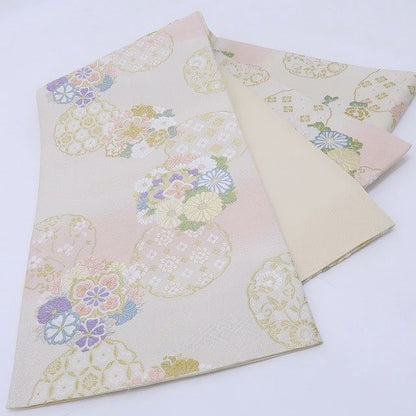 六花-RIKKA- 美品 正絹 雪輪花華文 刺繍 ふんわり花咲く、春色の上品華文♪ 袋帯 着物 A5992