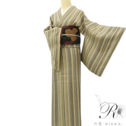 六花-RIKKA- 美品 正絹 証紙付 奥順謹製 はたおり娘 縦縞 トールサイズ 本場結城紬 ひと目で上質、着ればこなれ顔♪ 着物 A6023