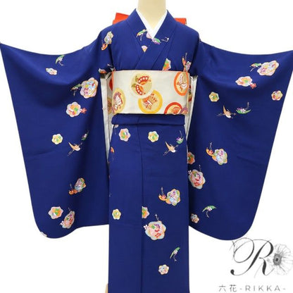 六花-RIKKA- 美品 正絹 七五三 ７歳 女児 お姉さんの一歩を演出！夜空に輝く星と舞う蝶☆ 四つ身着物・袋帯 ２点セット A6044