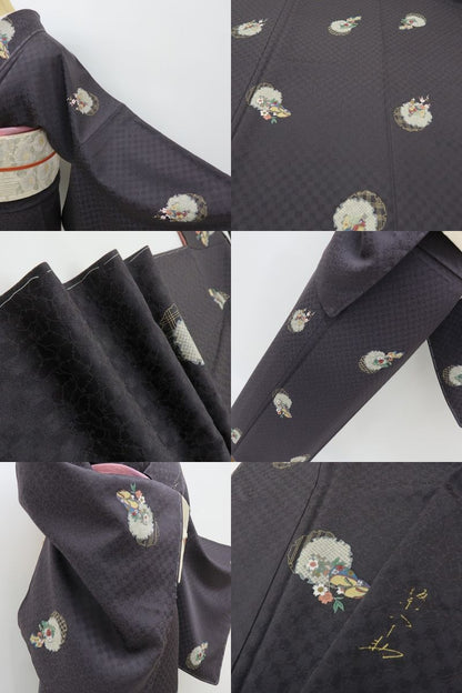 六花-RIKKA- 新品 正絹 歌舞伎役者 五代目 坂東八十助 雪輪に舞う蝶、ぽっくり下駄。褒められ主役小紋♪ トールサイズ 小紋 着物 A6046