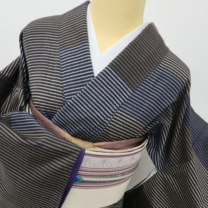 六花-RIKKA- 美品 正絹 大久保玄才落款 証紙付 色と縞が踊る、和モダン♪ トールサイズ 本場結城紬 着物 A6059