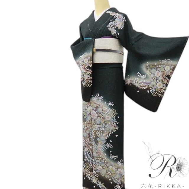 六花-RIKKA- 新品 正絹 辻が花 銀通し トールサイズ 甘くない華やかさ、黒の辻ヶ花☆ 仕付け糸付 訪問着 着物 A6061