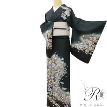 六花-RIKKA- 新品 正絹 辻が花 銀通し トールサイズ 甘くない華やかさ、黒の辻ヶ花☆ 仕付け糸付 訪問着 着物 A6061