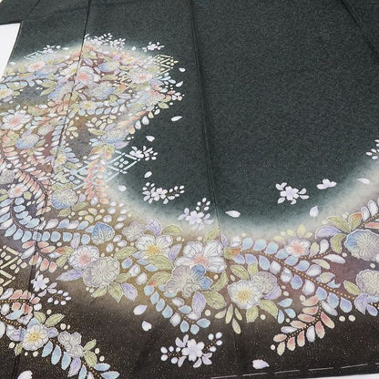 六花-RIKKA- 新品 正絹 辻が花 銀通し トールサイズ 甘くない華やかさ、黒の辻ヶ花☆ 仕付け糸付 訪問着 着物 A6061