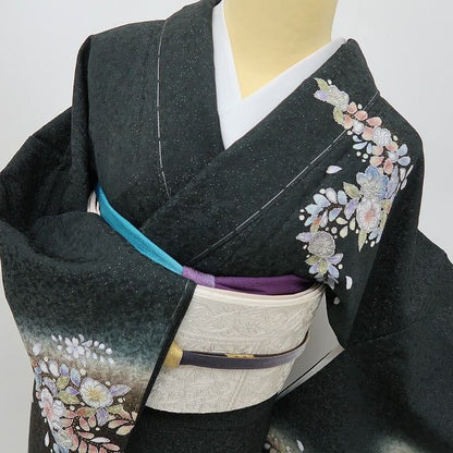 六花-RIKKA- 新品 正絹 辻が花 銀通し トールサイズ 甘くない華やかさ、黒の辻ヶ花☆ 仕付け糸付 訪問着 着物 A6061