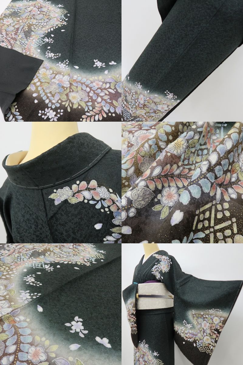 六花-RIKKA- 新品 正絹 辻が花 銀通し トールサイズ 甘くない華やかさ、黒の辻ヶ花☆ 仕付け糸付 訪問着 着物 A6061
