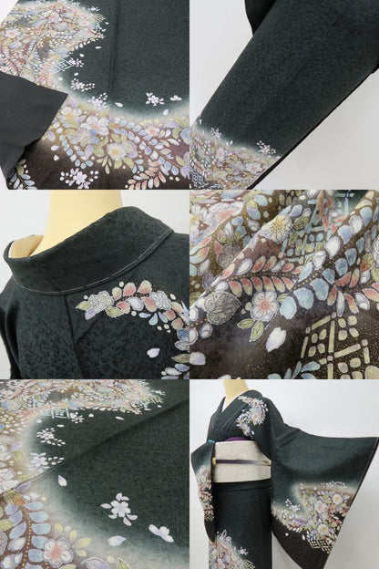 六花-RIKKA- 新品 正絹 辻が花 銀通し トールサイズ 甘くない華やかさ、黒の辻ヶ花☆ 仕付け糸付 訪問着 着物 A6061