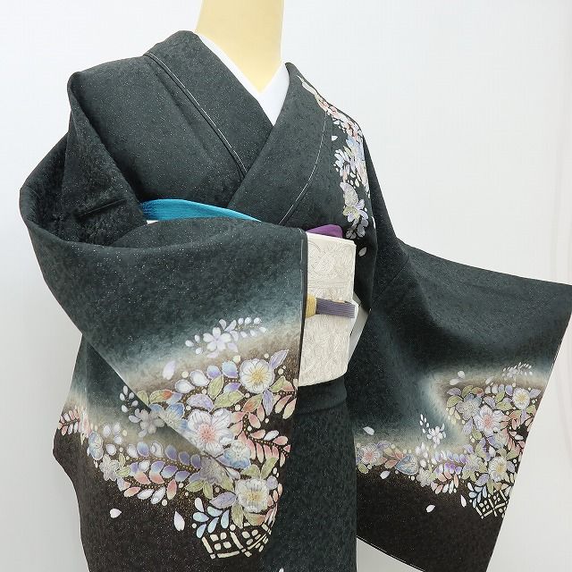 六花-RIKKA- 新品 正絹 辻が花 銀通し トールサイズ 甘くない華やかさ、黒の辻ヶ花☆ 仕付け糸付 訪問着 着物 A6061