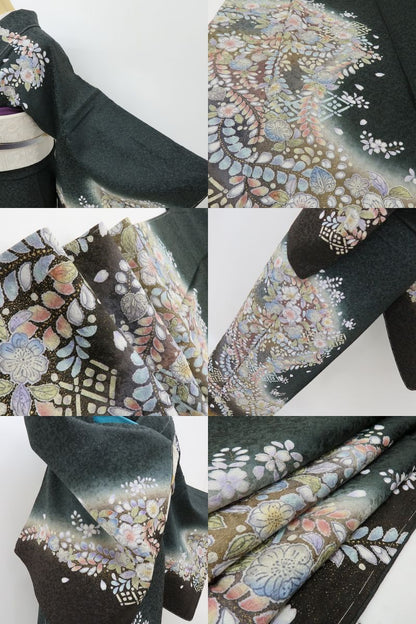六花-RIKKA- 新品 正絹 辻が花 銀通し トールサイズ 甘くない華やかさ、黒の辻ヶ花☆ 仕付け糸付 訪問着 着物 A6061