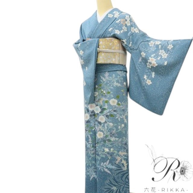 六花-RIKKA- 美品 正絹 竹峰落款 青碧色に、椿が咲く。大人可愛い春景色♪ トールサイズ 訪問着 着物 A6063
