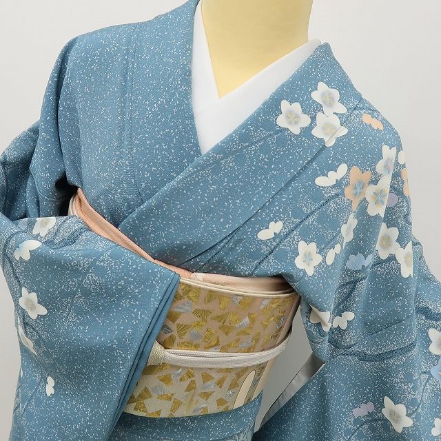 六花-RIKKA- 美品 正絹 竹峰落款 青碧色に、椿が咲く。大人可愛い春景色♪ トールサイズ 訪問着 着物 A6063