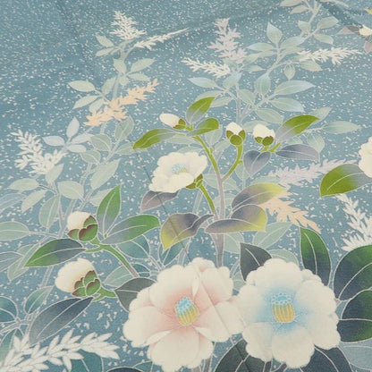 六花-RIKKA- 美品 正絹 竹峰落款 青碧色に、椿が咲く。大人可愛い春景色♪ トールサイズ 訪問着 着物 A6063