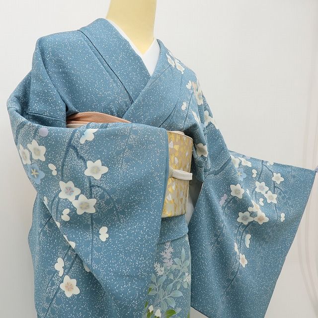 六花-RIKKA- 美品 正絹 竹峰落款 青碧色に、椿が咲く。大人可愛い春景色♪ トールサイズ 訪問着 着物 A6063