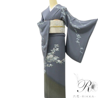六花-RIKKA- 正絹 トールサイズ ダブグレイに、白椿の花道♪ 訪問着 着物 A6065