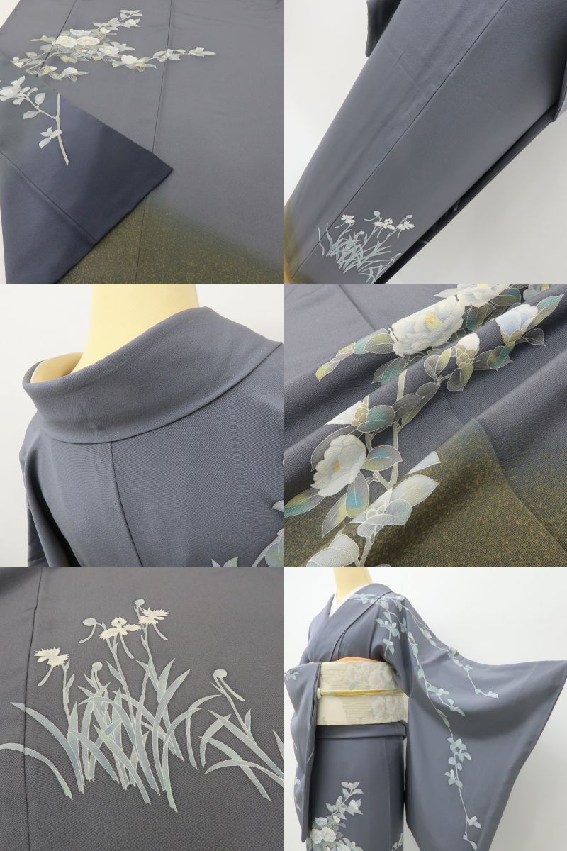 六花-RIKKA- 正絹 トールサイズ ダブグレイに、白椿の花道♪ 訪問着 着物 A6065