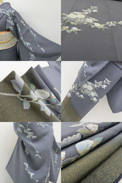 六花-RIKKA- 正絹 トールサイズ ダブグレイに、白椿の花道♪ 訪問着 着物 A6065