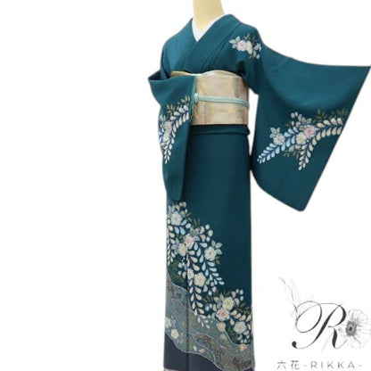 六花-RIKKA- 美品 正絹 やまと誂製 翠山工房 桐屋の辻が花 絞り 青碧にふんわり、辻ヶ花☆ 訪問着 着物 A6069