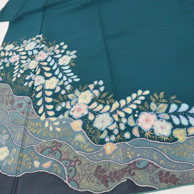 六花-RIKKA- 美品 正絹 やまと誂製 翠山工房 桐屋の辻が花 絞り 青碧にふんわり、辻ヶ花☆ 訪問着 着物 A6069