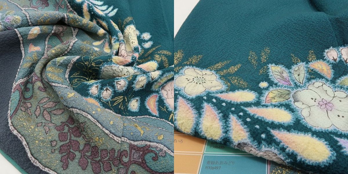 六花-RIKKA- 美品 正絹 やまと誂製 翠山工房 桐屋の辻が花 絞り 青碧にふんわり、辻ヶ花☆ 訪問着 着物 A6069