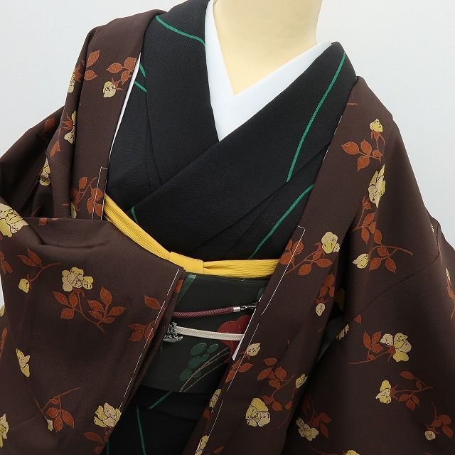 六花-RIKKA- 美品未着用 正絹 仕付け糸付 薔薇 マホガニーに咲く、レトロバラ☆ 羽織 着物 A6077