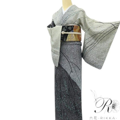六花-RIKKA- 新品 正絹 作家物落款 丹後ちりめん モノトーンの風にゆらゆら、大人の枝垂れ柳♪ 仕付け糸付 訪問着 着物 A6084