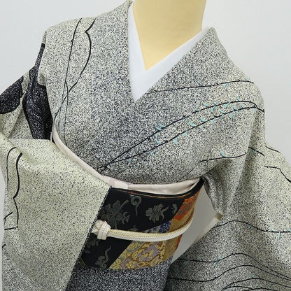 六花-RIKKA- 新品 正絹 作家物落款 丹後ちりめん モノトーンの風にゆらゆら、大人の枝垂れ柳♪ 仕付け糸付 訪問着 着物 A6084