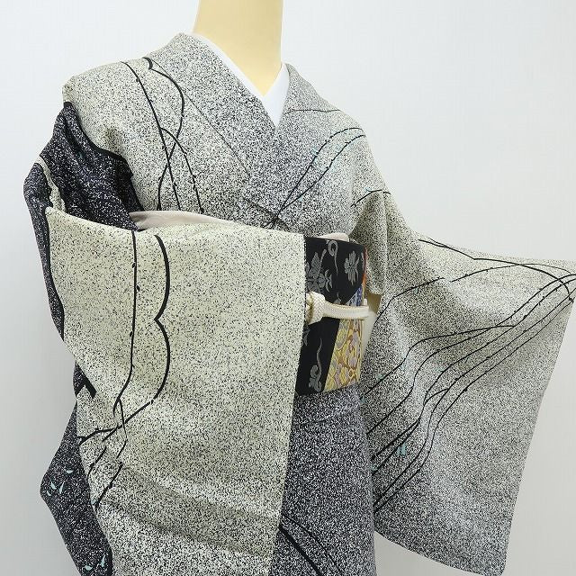 六花-RIKKA- 新品 正絹 作家物落款 丹後ちりめん モノトーンの風にゆらゆら、大人の枝垂れ柳♪ 仕付け糸付 訪問着 着物 A6084
