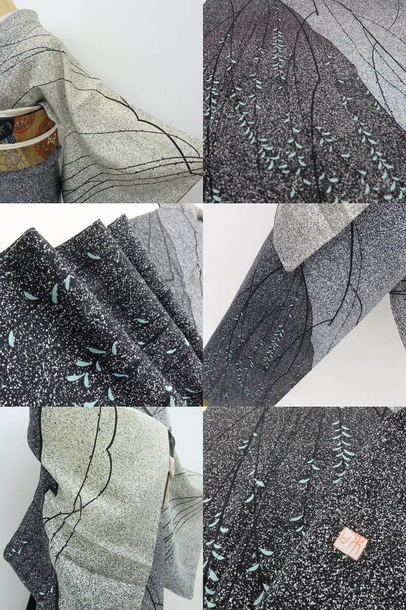 六花-RIKKA- 新品 正絹 作家物落款 丹後ちりめん モノトーンの風にゆらゆら、大人の枝垂れ柳♪ 仕付け糸付 訪問着 着物 A6084