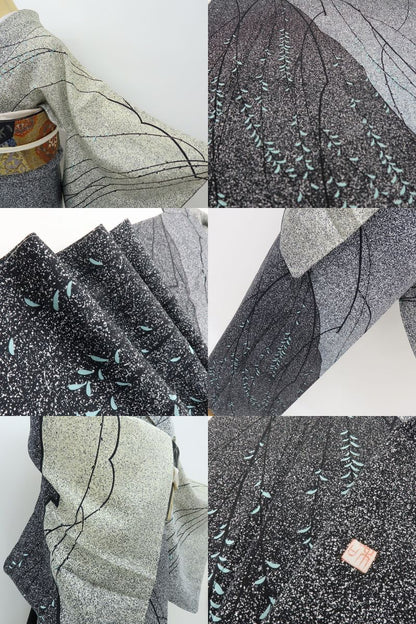 六花-RIKKA- 新品 正絹 作家物落款 丹後ちりめん モノトーンの風にゆらゆら、大人の枝垂れ柳♪ 仕付け糸付 訪問着 着物 A6084