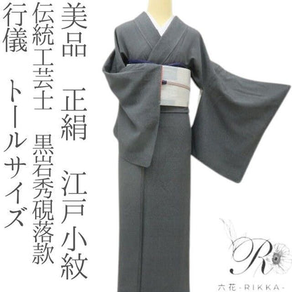 六花-RIKKA- 美品 正絹 伝統工芸士 黒岩秀硯落款 行儀 トールサイズ 黒に行儀、これぞ大人の粋！ 江戸小紋 着物 A6092