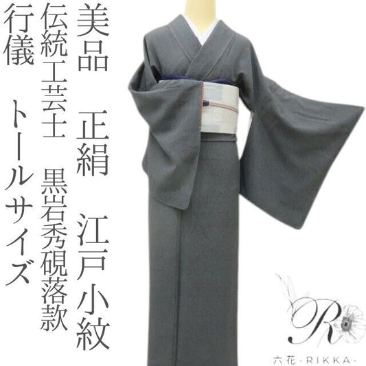 六花-RIKKA- 美品 正絹 伝統工芸士 黒岩秀硯落款 行儀 トールサイズ 黒に行儀、これぞ大人の粋！ 江戸小紋 着物 A6092