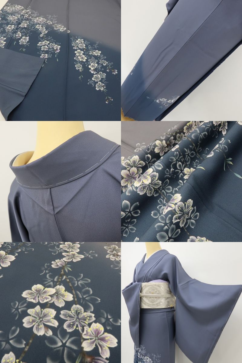 六花-RIKKA- 新品 正絹 紅彩落款 トールサイズ 藍鼠に咲く、ピュアで大人な桜。 仕付け糸付 付下げ 着物 A6097