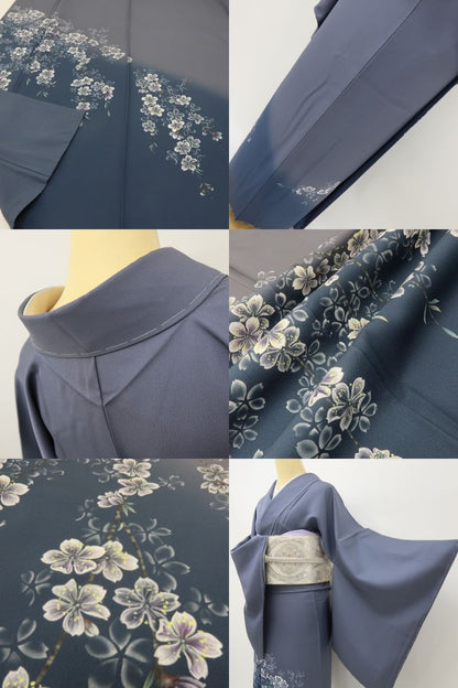 六花-RIKKA- 新品 正絹 紅彩落款 トールサイズ 藍鼠に咲く、ピュアで大人な桜。 仕付け糸付 付下げ 着物 A6097