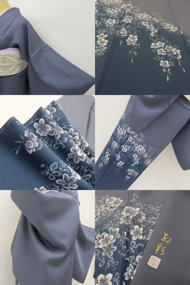 六花-RIKKA- 新品 正絹 紅彩落款 トールサイズ 藍鼠に咲く、ピュアで大人な桜。 仕付け糸付 付下げ 着物 A6097