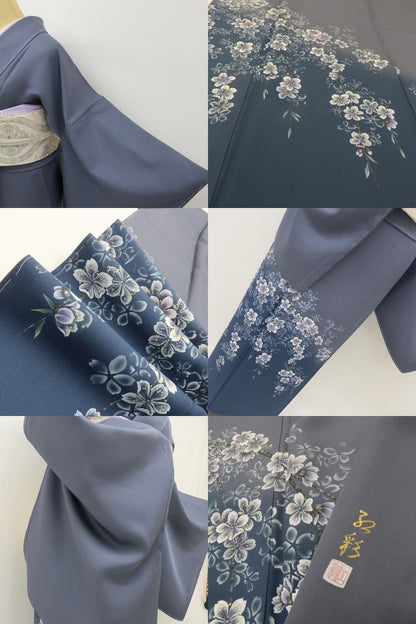 六花-RIKKA- 新品 正絹 紅彩落款 トールサイズ 藍鼠に咲く、ピュアで大人な桜。 仕付け糸付 付下げ 着物 A6097