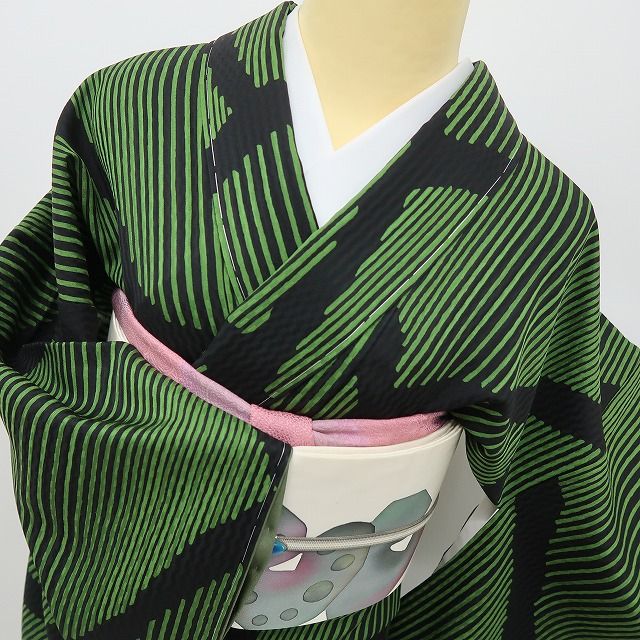 六花-RIKKA- 新品 正絹 綺粋庵 トールサイズ 仕付け糸付 決まる！ブラック×リーフグリーンの粋。 小紋 着物 A6102