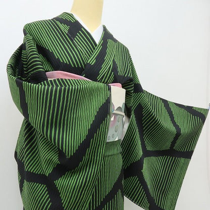 六花-RIKKA- 新品 正絹 綺粋庵 トールサイズ 仕付け糸付 決まる！ブラック×リーフグリーンの粋。 小紋 着物 A6102