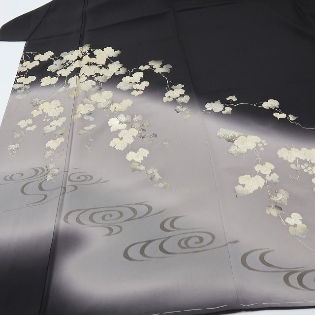 六花-RIKKA- 新品 正絹 金駒刺繡 金彩 蔦 仕付け糸付 ブラックに咲く、金の余韻☆ 訪問着 着物 A6106
