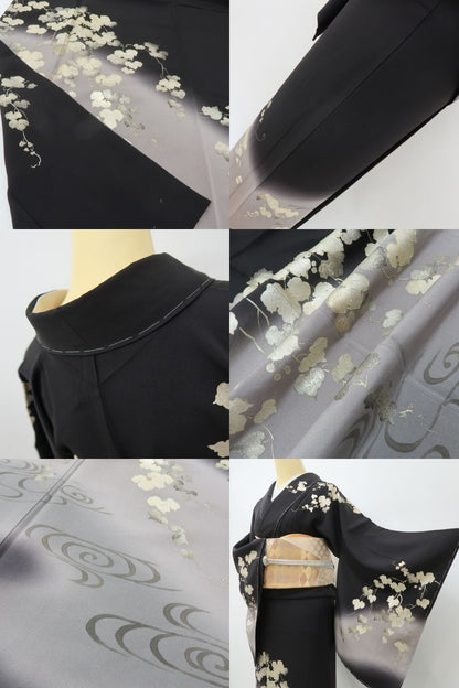 六花-RIKKA- 新品 正絹 金駒刺繡 金彩 蔦 仕付け糸付 ブラックに咲く、金の余韻☆ 訪問着 着物 A6106