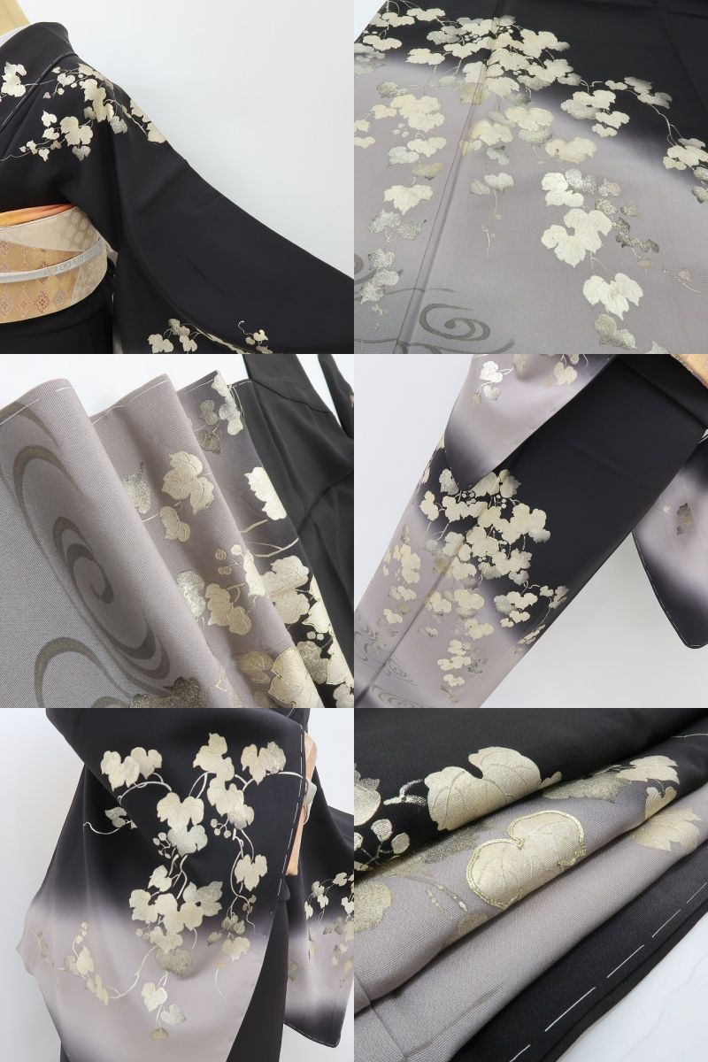 六花-RIKKA- 新品 正絹 金駒刺繡 金彩 蔦 仕付け糸付 ブラックに咲く、金の余韻☆ 訪問着 着物 A6106