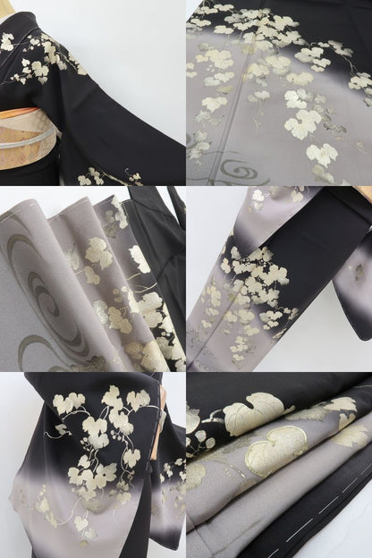 六花-RIKKA- 新品 正絹 金駒刺繡 金彩 蔦 仕付け糸付 ブラックに咲く、金の余韻☆ 訪問着 着物 A6106