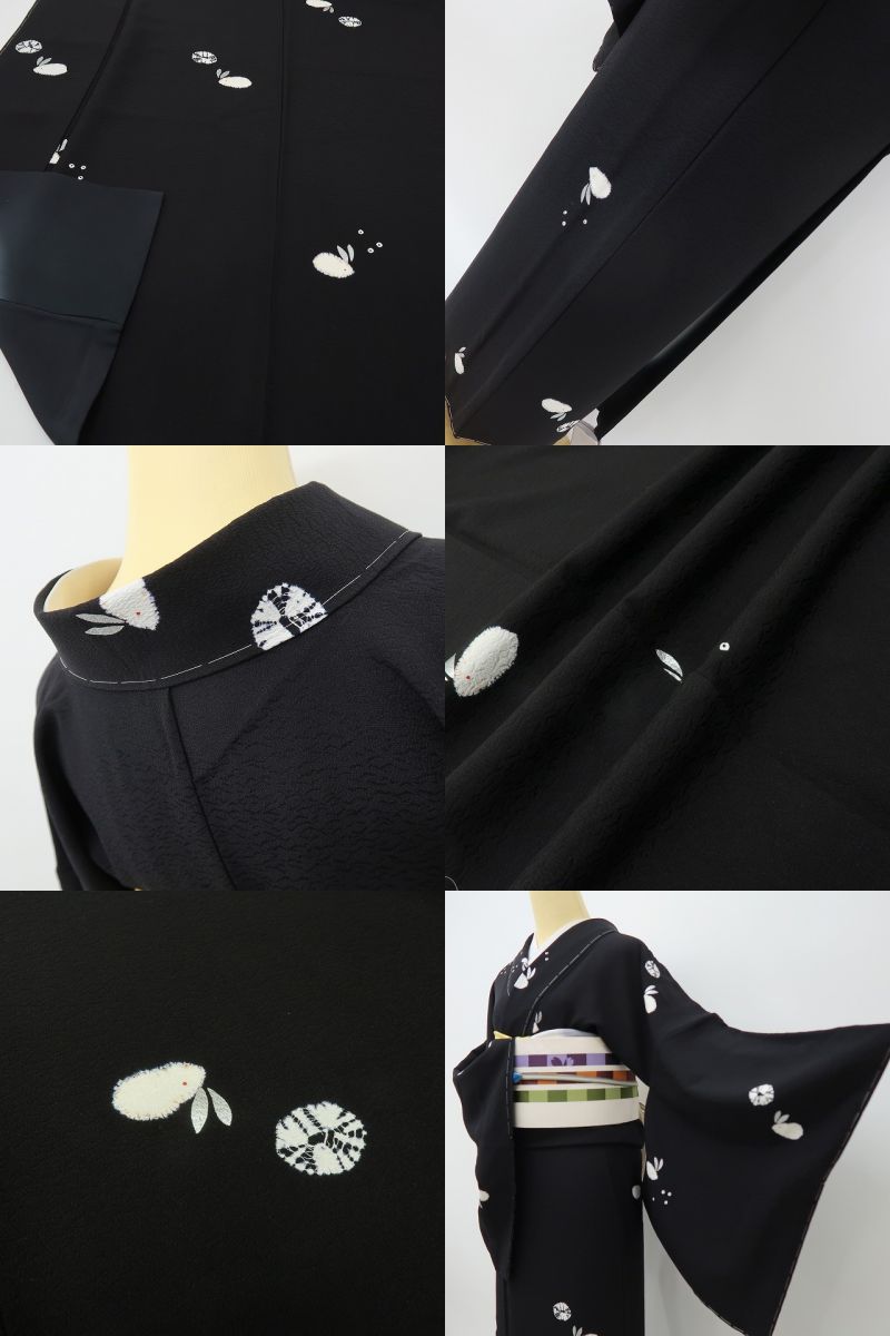 六花-RIKKA- 新品 正絹 ゆきうさぎ トールサイズ クールなブラックに、ふわりと恋する雪うさぎ♪ 仕付け糸付 小紋 着物 A6114