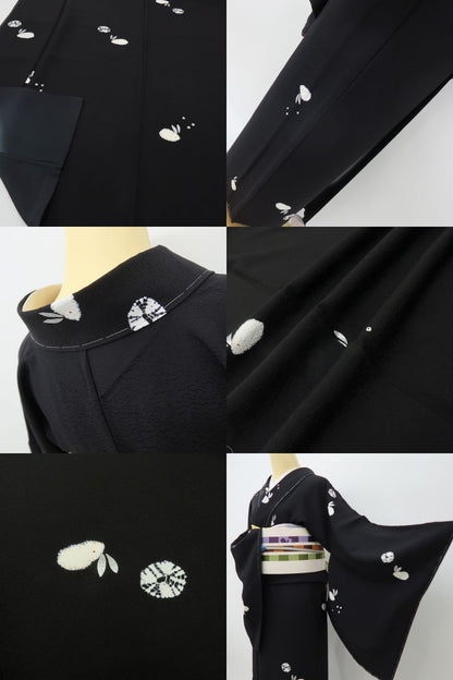 六花-RIKKA- 新品 正絹 ゆきうさぎ トールサイズ クールなブラックに、ふわりと恋する雪うさぎ♪ 仕付け糸付 小紋 着物 A6114