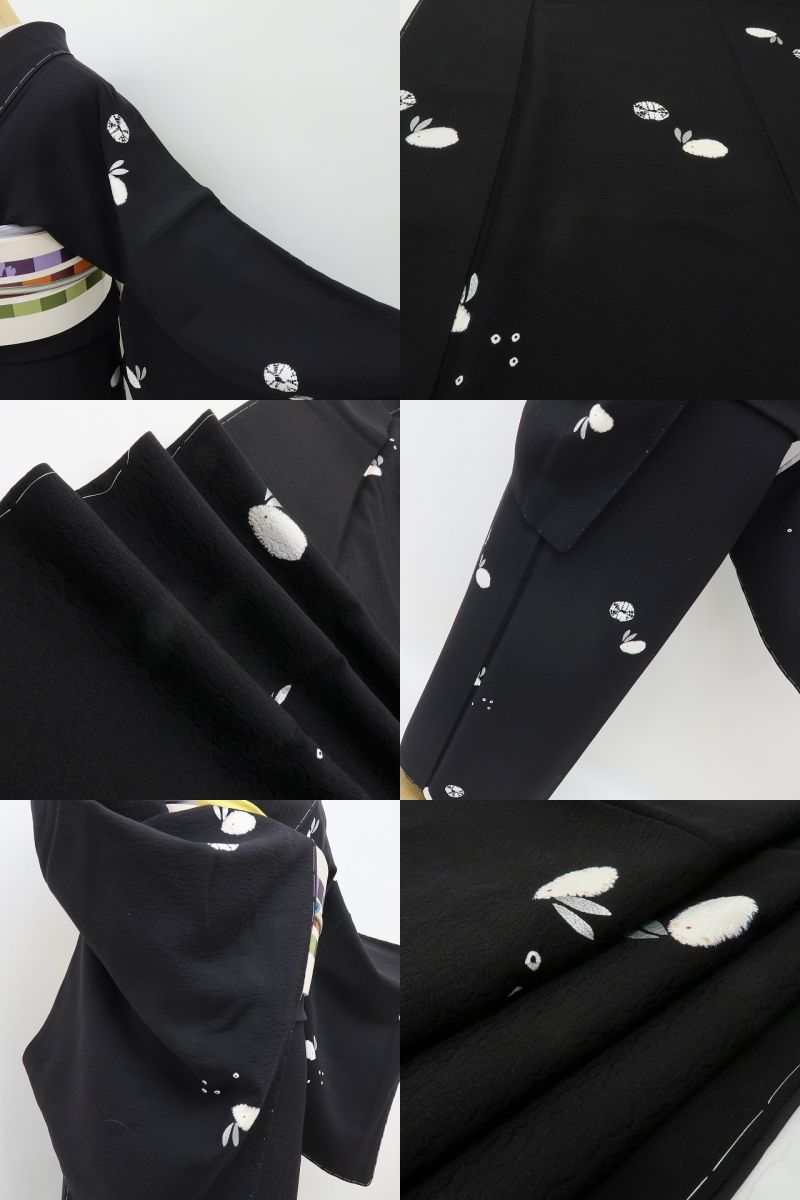 六花-RIKKA- 新品 正絹 ゆきうさぎ トールサイズ クールなブラックに、ふわりと恋する雪うさぎ♪ 仕付け糸付 小紋 着物 A6114