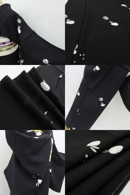 六花-RIKKA- 新品 正絹 ゆきうさぎ トールサイズ クールなブラックに、ふわりと恋する雪うさぎ♪ 仕付け糸付 小紋 着物 A6114