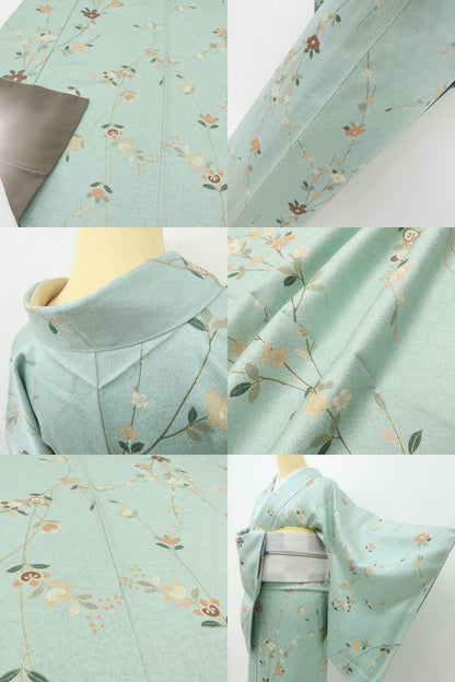 六花-RIKKA- 新品 正絹 椿 梅 橘 仕付け糸付 春のときめきをまとう、花咲くスプレイグリーン♪ 小紋 着物 A6118