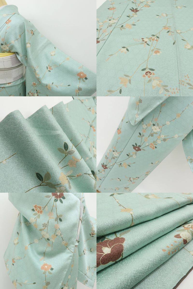 六花-RIKKA- 新品 正絹 椿 梅 橘 仕付け糸付 春のときめきをまとう、花咲くスプレイグリーン♪ 小紋 着物 A6118