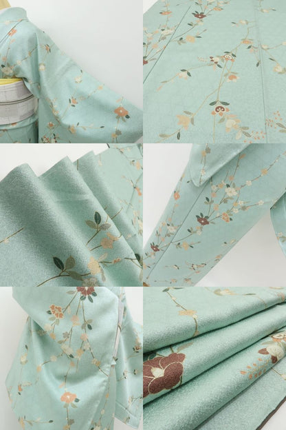 六花-RIKKA- 新品 正絹 椿 梅 橘 仕付け糸付 春のときめきをまとう、花咲くスプレイグリーン♪ 小紋 着物 A6118