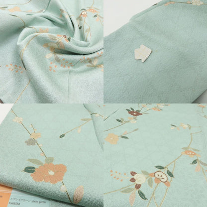 六花-RIKKA- 新品 正絹 椿 梅 橘 仕付け糸付 春のときめきをまとう、花咲くスプレイグリーン♪ 小紋 着物 A6118